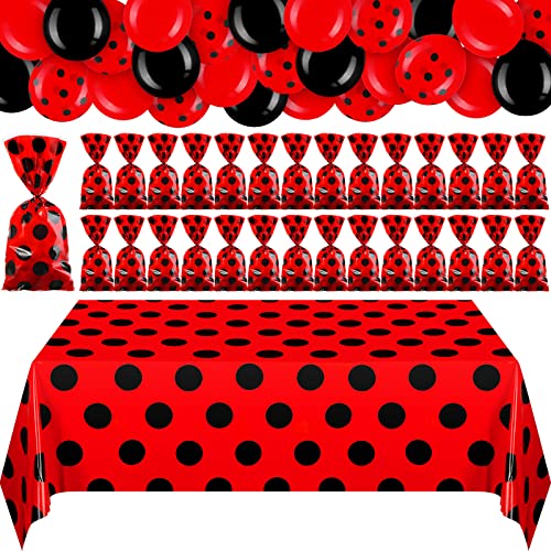 73 Pcs Ladybug Party Supplies, 52 x 87 Inch Ladybug Tablecloth, 48 Pcs Red Treat Goodie Bags Candy Bag with Twist Ties, 24 Pcs Red Black Latex Balloon for Ladybug Themed Birthday Wedding Decoration