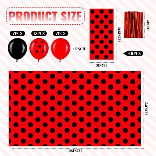 73 Pcs Ladybug Party Supplies, 52 x 87 Inch Ladybug Tablecloth, 48 Pcs Red Treat Goodie Bags Candy Bag with Twist Ties, 24 Pcs Red Black Latex Balloon for Ladybug Themed Birthday Wedding Decoration