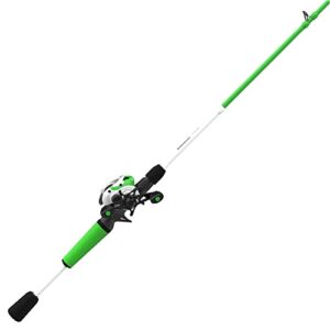 zebco roam baitcast reel and fishing rod combo, 6-foot 6-inch 2-piece fiberglass fishing pole with split-grip maxtac rod handle, lightweight graphite frame, right-hand retrieve, green