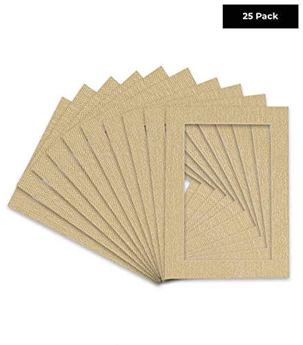 Pack of 25 Acid Free 10x15 Mats Bevel Cut for 8.5x11 Photos - Fresh Linen Canvas Precut Matboards With Backing Boards and Clear Photo Mat Bags For Pictures, Photos, Framing - 4-ply Thickness