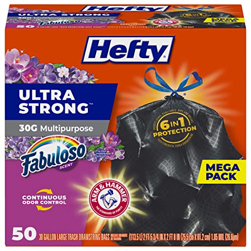 Hefty Ultra Strong Multipurpose Large Trash Bags, Black, Fabuloso Scent, 30 Gallon, 50 Count