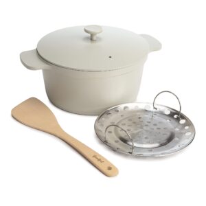 goodful all-in-one pot, multilayer nonstick, high performance cast dutch oven with matching lid, roasting rack and turner, made without pfoa, dishwasher safe cookware, 4.7-quart, linen