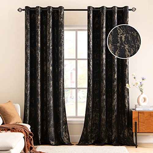 MIULEE Luxury Velvet Curtains 96 Inches Long Glitter Gold Foil Print Soft Bedroom Living Room Curtains Elegant Metallic Room Darkening Thermal Insulated Grommet Window Drapes, 2 Panels, Black