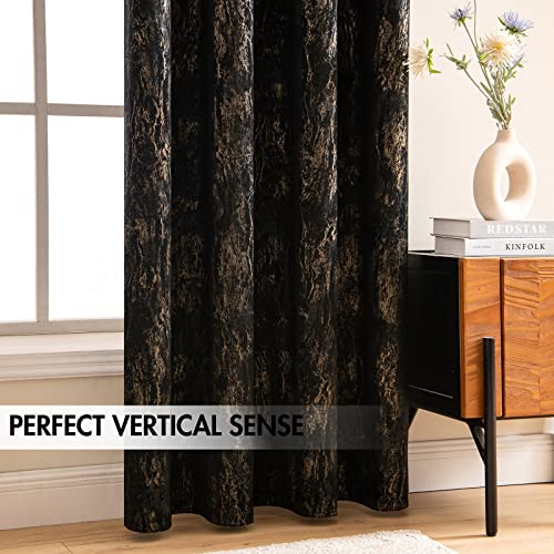 MIULEE Luxury Velvet Curtains 96 Inches Long Glitter Gold Foil Print Soft Bedroom Living Room Curtains Elegant Metallic Room Darkening Thermal Insulated Grommet Window Drapes, 2 Panels, Black