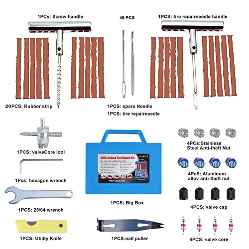 Tire Repair Kit,46pcs Heavy Duty Tire Plug Kit, with Universal Tire Patch Kit to Plug Flats for Car/Motorcycle/Truck/Tractor/Trailer/RV/ATV