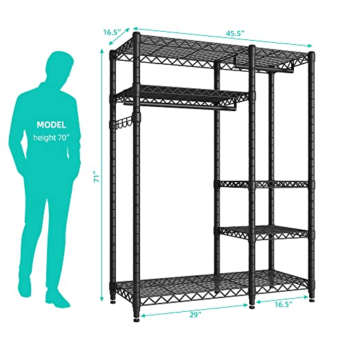 PUNION Wire Garment Rack, 5 Tiers Heavy Duty Clothes Rack for Hanging Clothes, Metal Clothing Rack, Compact Freestanding Wardrobe Closet with Shelves Racks,45"LX 17"W X 71"H,Max Load 600LBS,Black,GR5