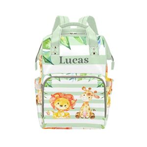 nzoohy cute lion king & deer personalized name diaper bag tote, custom waterproof nursing baby bag mummy backpack for mom travel outdoor, 15''x10.83''x6.69''