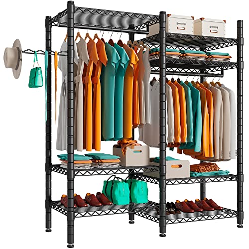 PUNION Clothing Rack 7 Tiers Heavy Duty Clothes Rack with 2 Hanging Rods, Wire Garment Racks for Hanging Clothes, Large Portable Metal Wardrobe Clothes, 48"L X 16"W X 71"H, Max Load 620lbs Black, GR7E