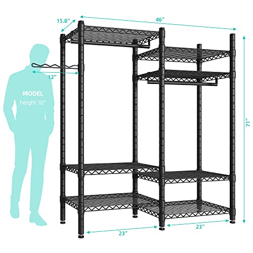 PUNION Clothing Rack 7 Tiers Heavy Duty Clothes Rack with 2 Hanging Rods, Wire Garment Racks for Hanging Clothes, Large Portable Metal Wardrobe Clothes, 48"L X 16"W X 71"H, Max Load 620lbs Black, GR7E