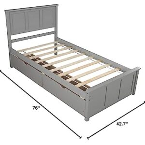 Modern Wood Low Bed Frame with Headboard and Drawers, Platform Bed No Box Spring Needed/Easy Assembly, Twin Gray