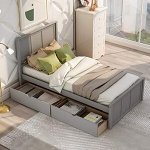 modern wood low bed frame with headboard and drawers, platform bed no box spring needed/easy assembly, twin gray