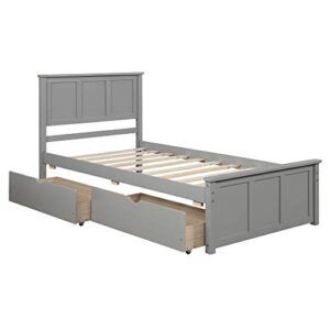 Modern Wood Low Bed Frame with Headboard and Drawers, Platform Bed No Box Spring Needed/Easy Assembly, Twin Gray