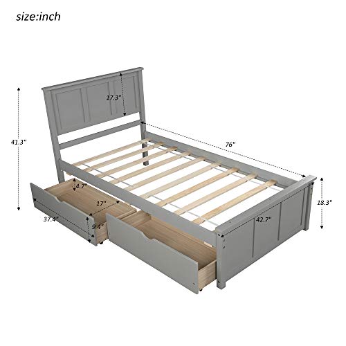 Modern Wood Low Bed Frame with Headboard and Drawers, Platform Bed No Box Spring Needed/Easy Assembly, Twin Gray