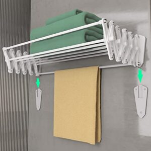 nutsaakk wall mounted drying rack clothing for laundry foldable, clothes drying rack folding indoor, laundry drying rack with 7 rods, accordion retractable for laundry/bathroom (white)