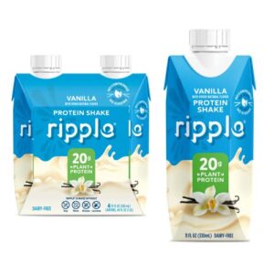ripple vegan protein shake, vanilla | 20g nutritious plant based pea protein in ready to drink cartons | non-gmo, non-dairy, soy free, gluten free, lactose free | shelf stable | 11 fl oz (4 pack)