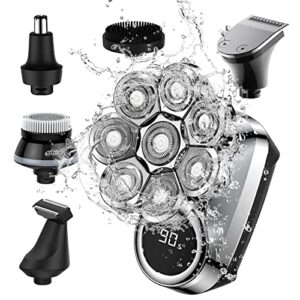 bald head shaver, upgrade 8d floating head shaver for bald men,6-in-1 with nose/hair/body trimmer, electric razor bald for men ipx7 waterproof, wet/dry mens grooming kit,led display, usb rechargeable
