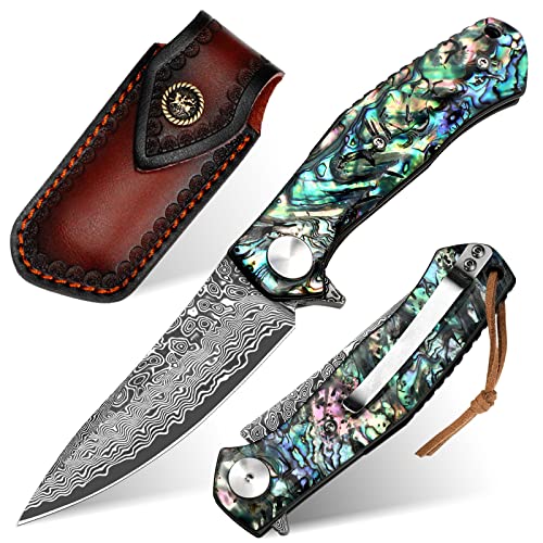 Benkey Damascus Pocket Knife with Clip Leather Sheath Sharp VG10 Core Folding Knife, EDC with Liner Lock Unique Abalone Seashells Handle for Outdoor Survival Camping Collection