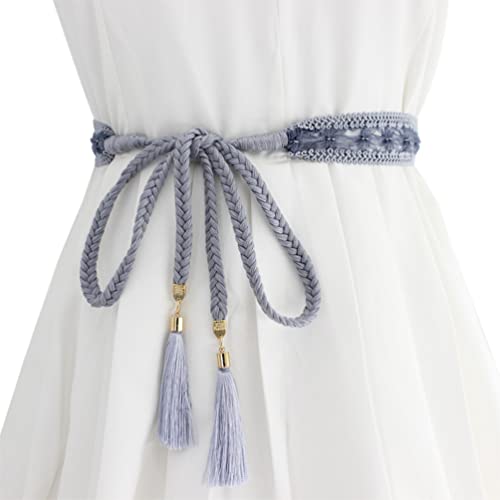 Women Girls Braided Knotted Waist Belt Skinny Mixed Color Rope Exotic Chain Tassel for Dress Skirt (Grey Lace)