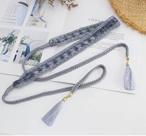 Women Girls Braided Knotted Waist Belt Skinny Mixed Color Rope Exotic Chain Tassel for Dress Skirt (Grey Lace)