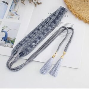 Women Girls Braided Knotted Waist Belt Skinny Mixed Color Rope Exotic Chain Tassel for Dress Skirt (Grey Lace)