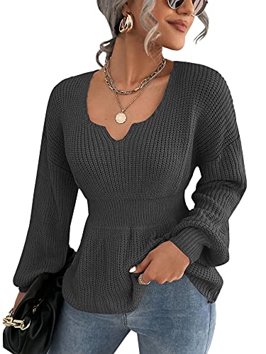 Veatzaer Womens Long Sleeve Shirts V Neck Fall Knit Sweaters Casual Pullover Tops 2023 Grey