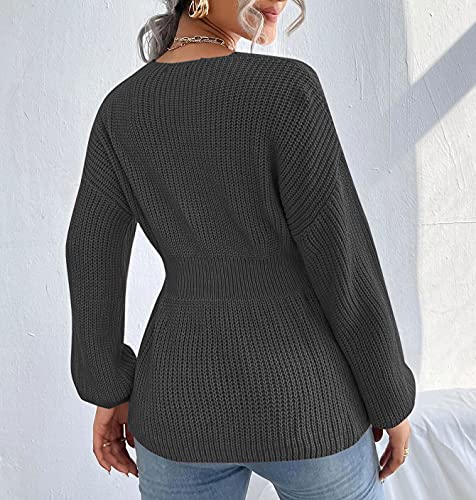 Veatzaer Womens Long Sleeve Shirts V Neck Fall Knit Sweaters Casual Pullover Tops 2023 Grey