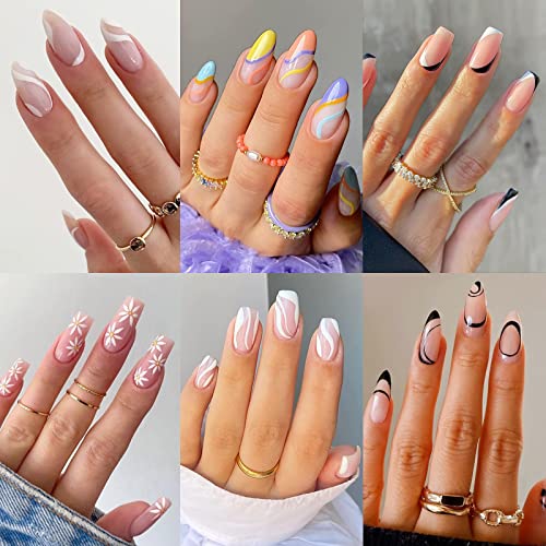 6 Packs (144 Pcs) Press on Nails Medium Design, Misssix Fake Nails Almond and Square Glue on Nails Set with Adhesive Tabs Nail File for Women