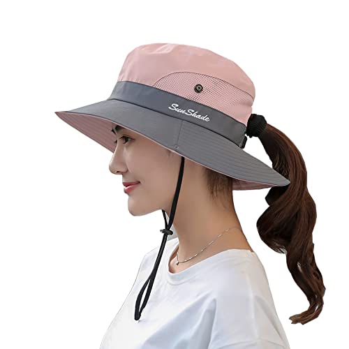 NPQQUAN Ponytail Sun Hat for Women 3” Wide Brim UPF 50+ Bucket Fishing Beach Hats Pink/Grey