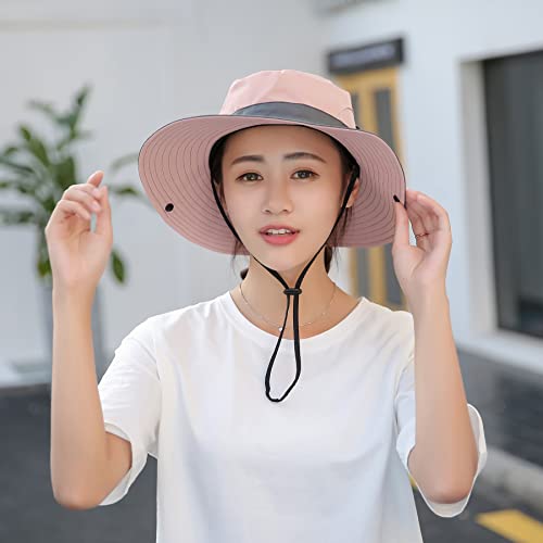 NPQQUAN Ponytail Sun Hat for Women 3” Wide Brim UPF 50+ Bucket Fishing Beach Hats Pink/Grey