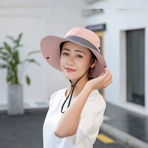 NPQQUAN Ponytail Sun Hat for Women 3” Wide Brim UPF 50+ Bucket Fishing Beach Hats Pink/Grey