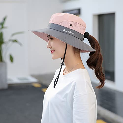 NPQQUAN Ponytail Sun Hat for Women 3” Wide Brim UPF 50+ Bucket Fishing Beach Hats Pink/Grey