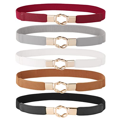 JASGOOD 5 Pack Women Retro Elastic Stretchy Skinny Waist Belt with Metal Gold Buckle