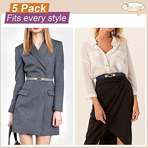 JASGOOD 5 Pack Women Retro Elastic Stretchy Skinny Waist Belt with Metal Gold Buckle