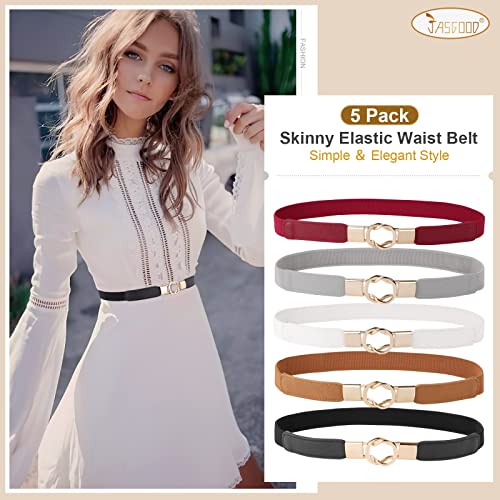 JASGOOD 5 Pack Women Retro Elastic Stretchy Skinny Waist Belt with Metal Gold Buckle