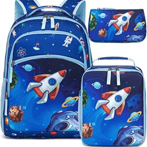 BTOOP Kids Backpack for Boys Girls Space Preschool Bookbag with Lunch Box Pencil Case Set Toddler Backpacks Kindergarten School Bags (Rocket-Blue)