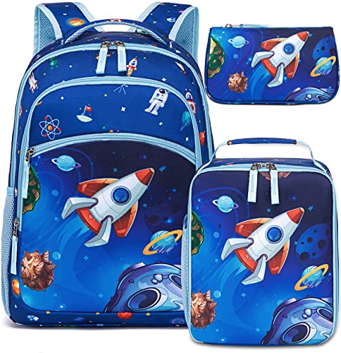 BTOOP Kids Backpack for Boys Girls Space Preschool Bookbag with Lunch Box Pencil Case Set Toddler Backpacks Kindergarten School Bags (Rocket-Blue)