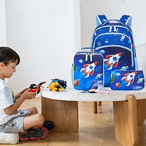 BTOOP Kids Backpack for Boys Girls Space Preschool Bookbag with Lunch Box Pencil Case Set Toddler Backpacks Kindergarten School Bags (Rocket-Blue)
