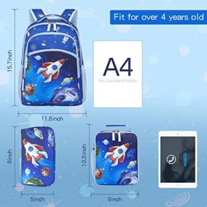 BTOOP Kids Backpack for Boys Girls Space Preschool Bookbag with Lunch Box Pencil Case Set Toddler Backpacks Kindergarten School Bags (Rocket-Blue)