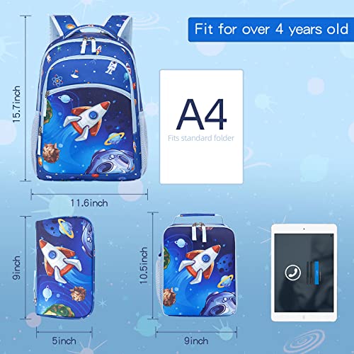 BTOOP Kids Backpack for Boys Girls Space Preschool Bookbag with Lunch Box Pencil Case Set Toddler Backpacks Kindergarten School Bags (Rocket-Blue)