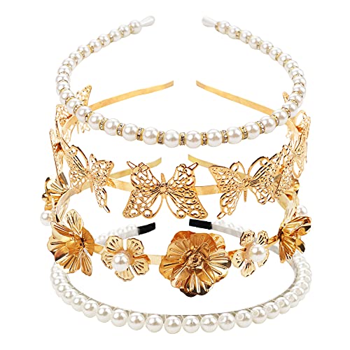 Yxiang Queen Rhinestone Headband for Women Faux Pearl Girls Crown Tiara Elegant Butterfly Flower Hair Hoop 4 Pack Crowns and Tiaras for Bridal Wedding Prom Birthday