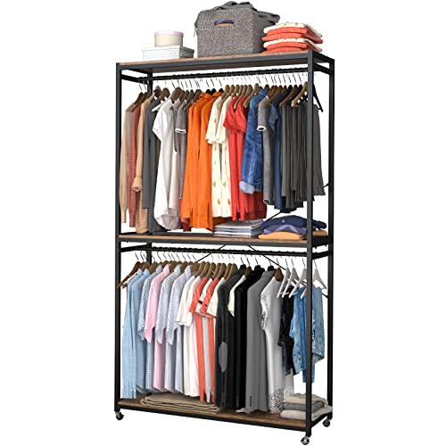TOPSKY Clothes Rack, Clothing Garment Rack on Wheels, 3 Tiers Shelves Double Hanging Rod Clothes Garment Racks with Storage Shelves Heavy Duty (Rustic Brown)