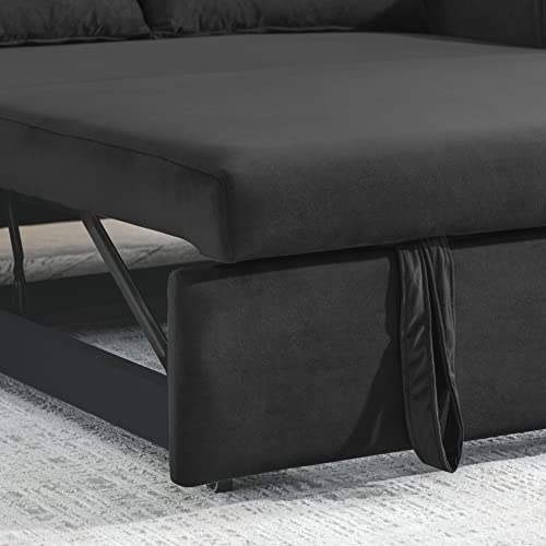 Merax 55" Loveseat with Pull Out Bed, 3 in 1 Convertible Velvet Sleeper Sofa Bed with Adjustable Backrest & 2 Pillows, 2 Arm Pocket for Living Room or Apartments, Black