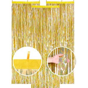 partybysam gold party backdrop, golden foil fringe curtains for birthday halloween party decorations, wall door hanging streamers for graduation, new year party background (3 pack 3.2ft x 8.2ft)