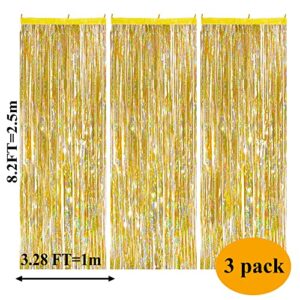 PartyBySam Gold Party Backdrop, Golden Foil Fringe Curtains for Birthday Halloween Party Decorations, Wall Door Hanging Streamers for Graduation, New Year Party Background (3 Pack 3.2Ft x 8.2Ft)