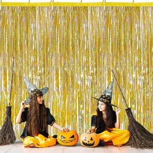 PartyBySam Gold Party Backdrop, Golden Foil Fringe Curtains for Birthday Halloween Party Decorations, Wall Door Hanging Streamers for Graduation, New Year Party Background (3 Pack 3.2Ft x 8.2Ft)