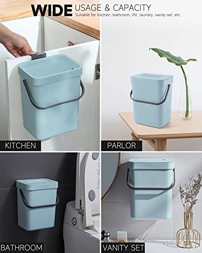 MONGTINGLU 1.3 Gallon Small Trash Can with Lid - Countertop Food Waste Bin, Kitchen Hanging Trash Can for Cabinet Door/Under Sink, Small Garbage Can for Desk, 5L(Subtle Blue)