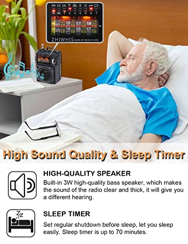 ZHIWHIS Bluetooth Speakers, Portable Radio with Sleep Timer, Weather AM FM Shortwave Radios with Best Sound, Retro Analog Tuner with Preset, Rechargeable MP3 Player Support MicroSD Card