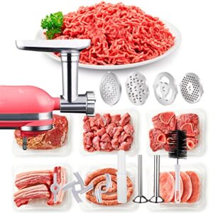 metal meat food grinder attachments for kitchenaid stand mixers, include 4 stainless steel grinding plates, 2 grinding blades, 2 sausage stuffer tubes, a cleaning brush, a removable tray and pusher