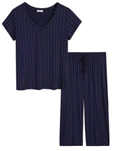 joyaria ladies bamboo pajamas summer cooling ultra soft short sleeve capri pjs set sleepwear petite (navy polka dot, small)