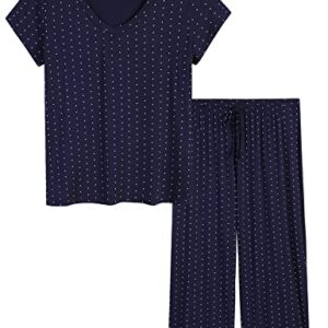 Joyaria Ladies Bamboo Pajamas Summer Cooling Ultra Soft Short Sleeve Capri PJs Set Sleepwear Petite (Navy Polka Dot, Small)